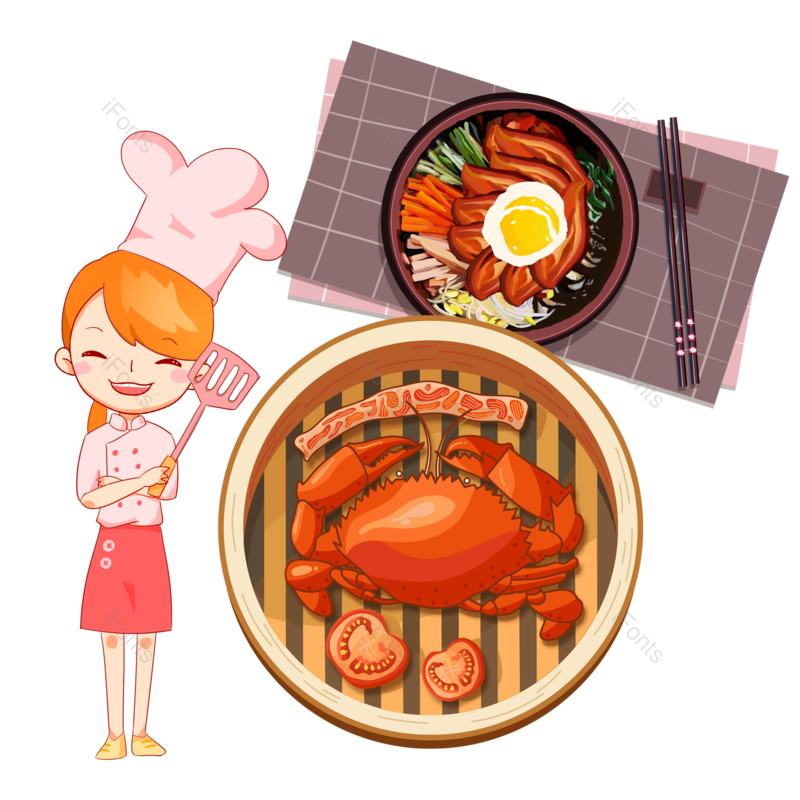 插画图片,厨师元素,螃蟹PNG,美食免抠素材